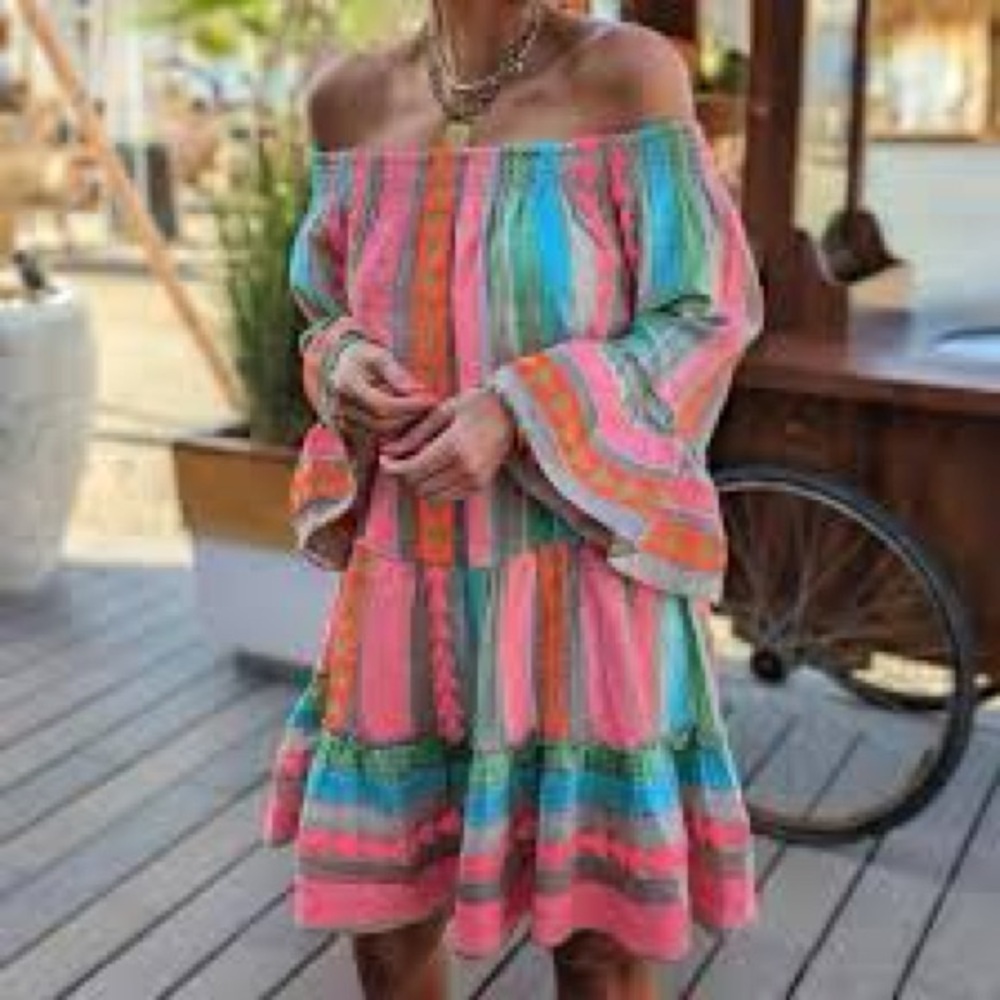Multi-color, Off-the-shoulder, Tiered dress with a Ruffled Hem and Sleeves